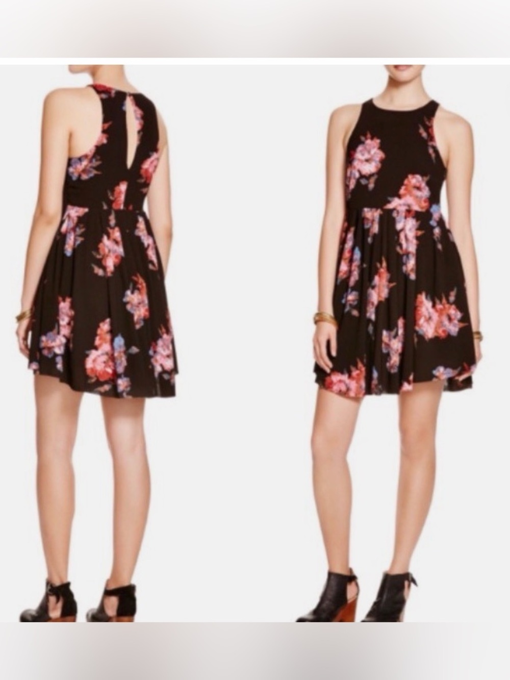 Free People Black Sleeveless Fit-and-Flare Dress with Pink Floral Print